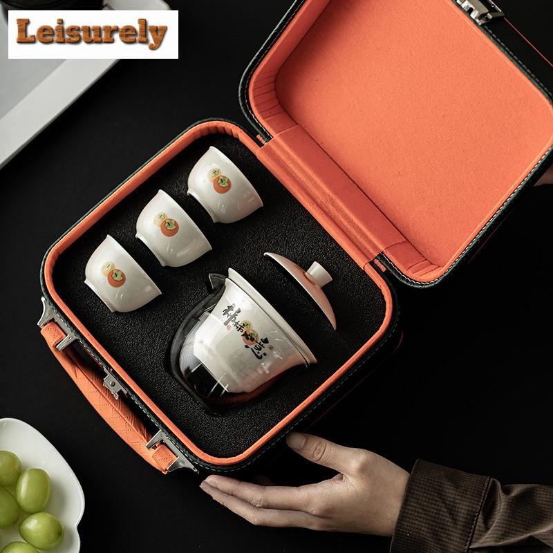 Retro Grasasche Kaki Tee-Set Kit Antikes Tassenset 1 Kanne 3 Tassen Tragbar Reise Teezubereitung Picknick Handtasche Zubehör Geschenke