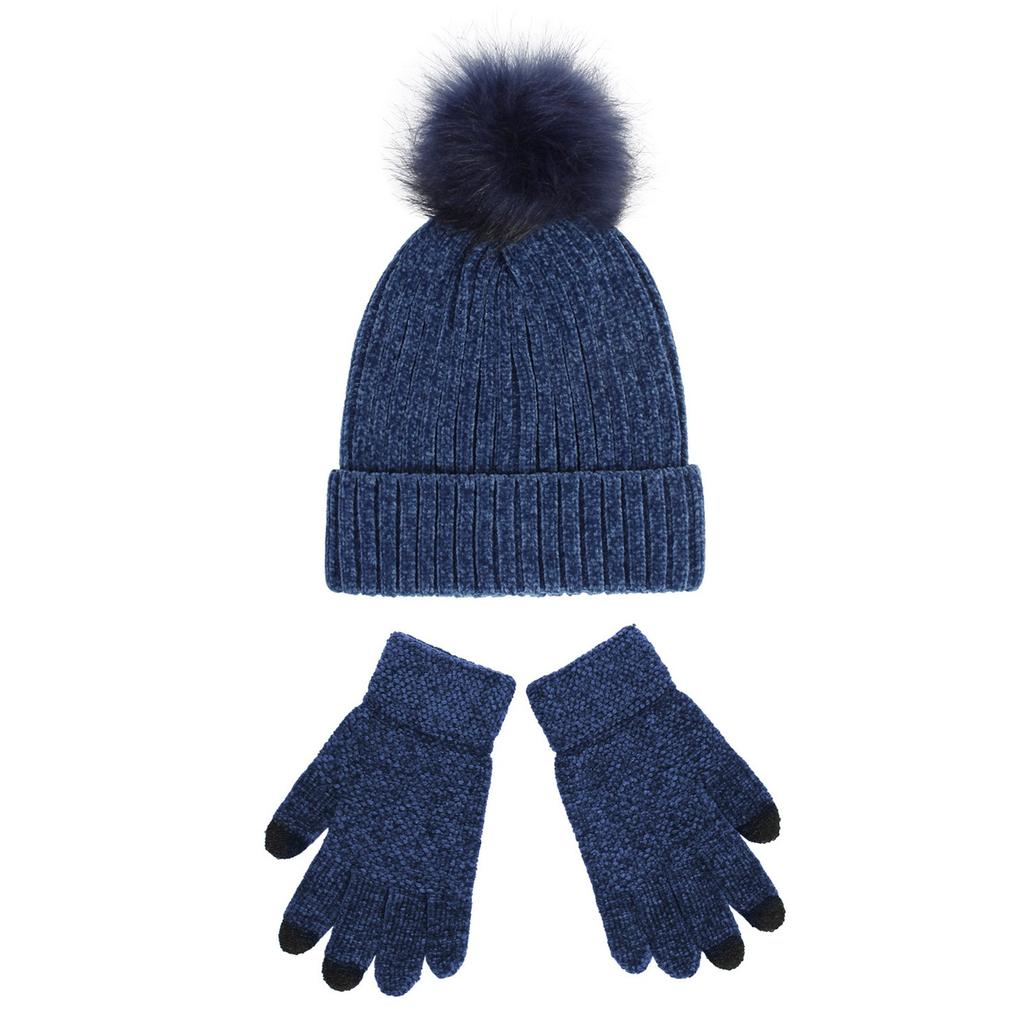 Knitted Hat, Women's Chenille Wool Hat, Glove Set, Thickened Warm Wool Ball Hat