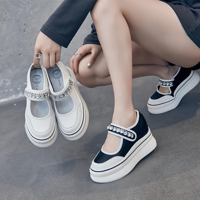 Female Height Increasing Shoes, Inner Height Increasing Women's Shoes, Mary Jane Shoes, Versatile, Breathable, Thin, White Shoes for Women