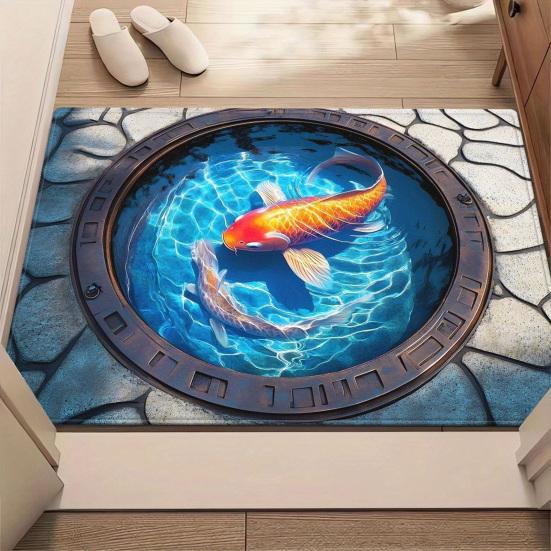 3D Optical Illusion Rug Realistic Pond Fish Door Mat Absorbent Entrance Rug Deep Sea Floor Mat