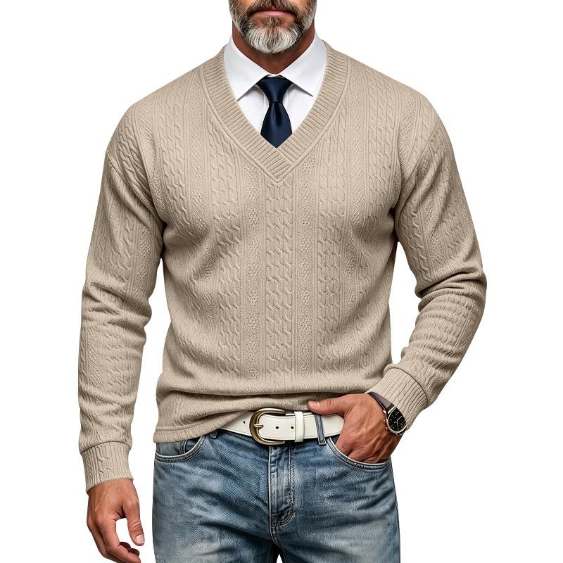 Maglione da Uomo Autunno Inverno a Treccia Monocolore Scollo a V Manica Lunga Casual Business Maglione Lavorato a Maglia