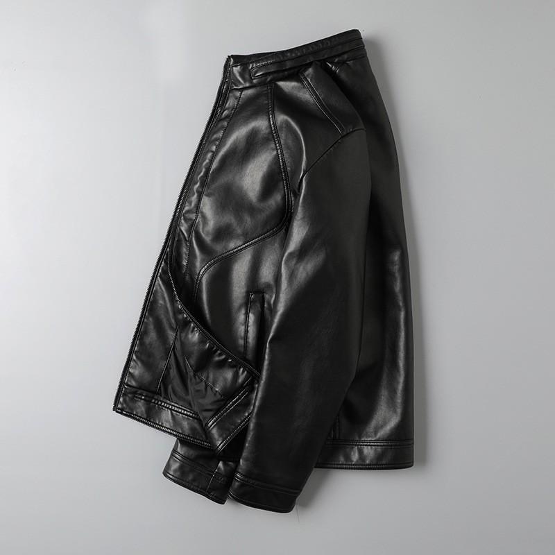 Mens PU Leather Jacket Stand Collar Slim Fit Casual Coat Teens Trendy Streetwear