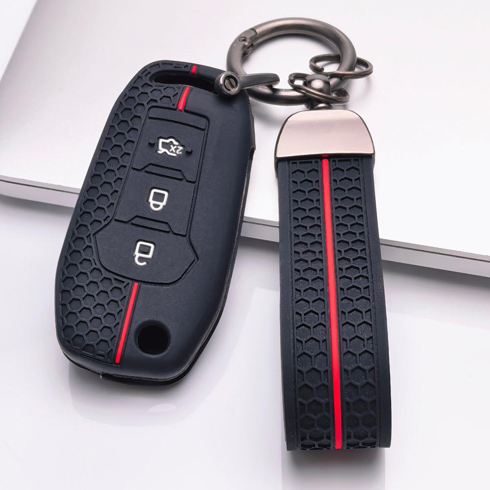 Silicone Key Cover keychain for Ford 3 Button Flip Key, Fits Ford Focus Mondeo Fiesta Ranger Escape Transit Tourneo Everest, Shockproof Key Fob Holder
