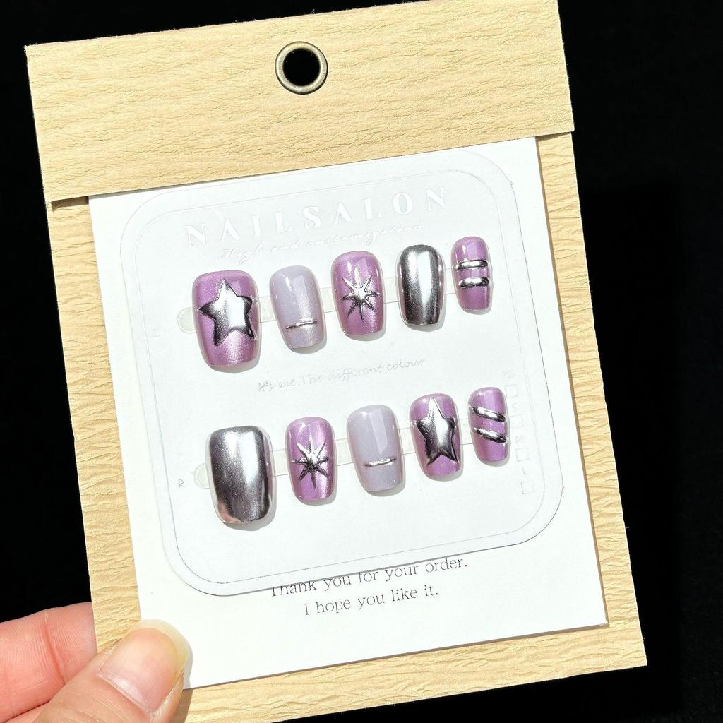 Magic Mirror Silver Purple Cat Eye Spicy Girl Y2K Handmade Short Wearable Nail Art Patches