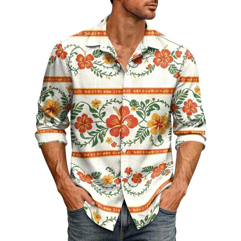 Men's Hawaiian Loose Fit Long Sleeve Button Down Shirt Retro Casual