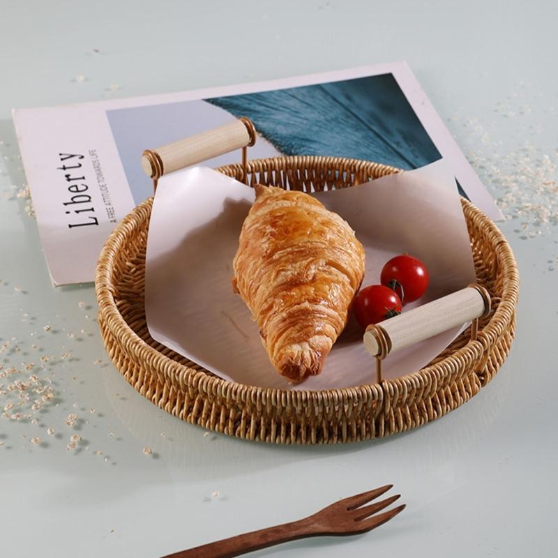 Hand-woven Storage Basket Rattan Tray for Countertop Shelves Fruit Tea Snack Bread Basket with Handle Kitchen Bedroom