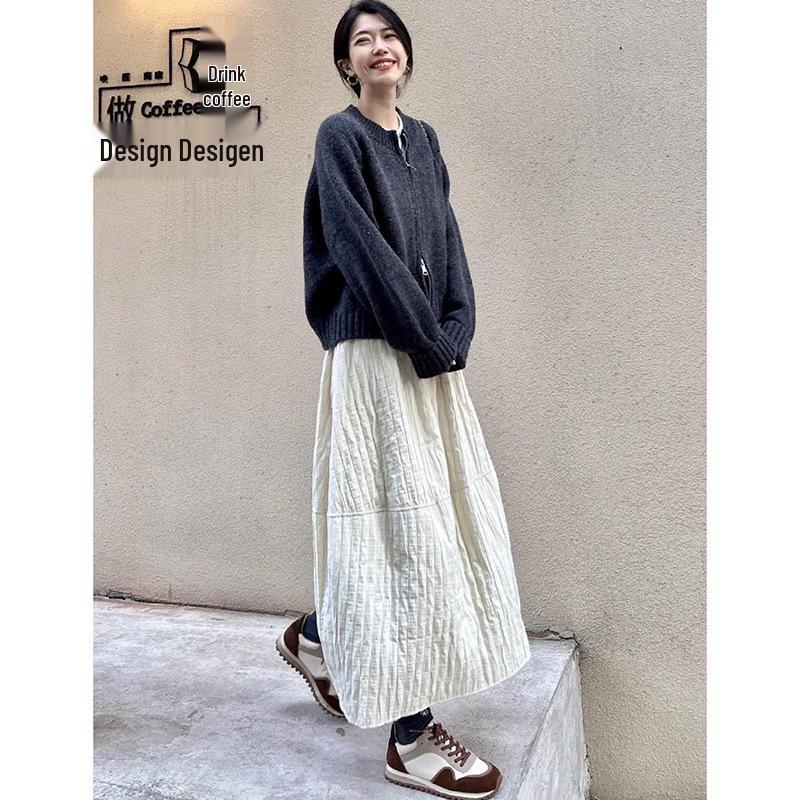 Off-White Textured Pumpkin Skirt - Women s 2025 High-Waisted Slim A-Line Half Skirt for Autumn/Winter. Small