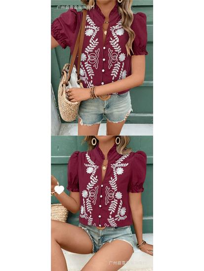 Spring/Summer Women's Puff Sleeve Cotton Embroidered Button Cardigan Top