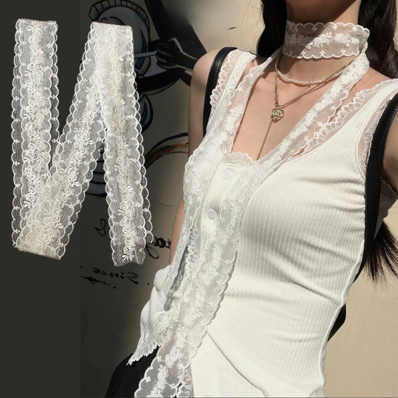 Women Lace Narrow Long Scarf Solid Color Floral Embroidery Ribbon Headbands Choker Floral Lace Scarf Y2k Long Ribbon Scarf Shawl