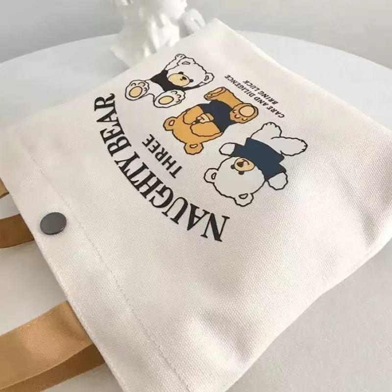 Portable Bear Print Canvas Tote Bag for Office Workers - Small Handheld Lunch and Sundries Bag