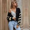 Casual Trend Versatile Autumn V-neck Colorblocking Knit Striped Sweater Short Jacket Women Cardigan