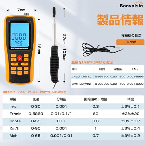 Bonvoisin Digital Anemometer, Thermal Wire Type, with Thermometer, Compact, Handheld, Battery Operated (Batteries Sold Separately), High Accuracy, Bac