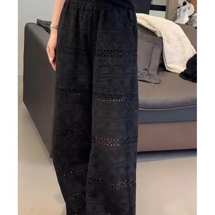 Women's High Waist Wide Leg Pants Straight Cut Hollow Lace Loose Casual Summer Trousers