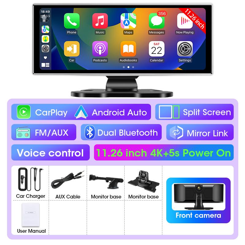 11.26" 4K Dash Cam Rear View Camera Wireless Carplay Android Auto Dual Lens Car DVR Video Recorder AUX GPS BT FM Mirror Monitor