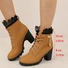 Large Size Women's Single Boots Autumn and Winter Fashion Rhinestone High Heel Fashion Boots Round Head Lace-up Thick Heel Short Boots