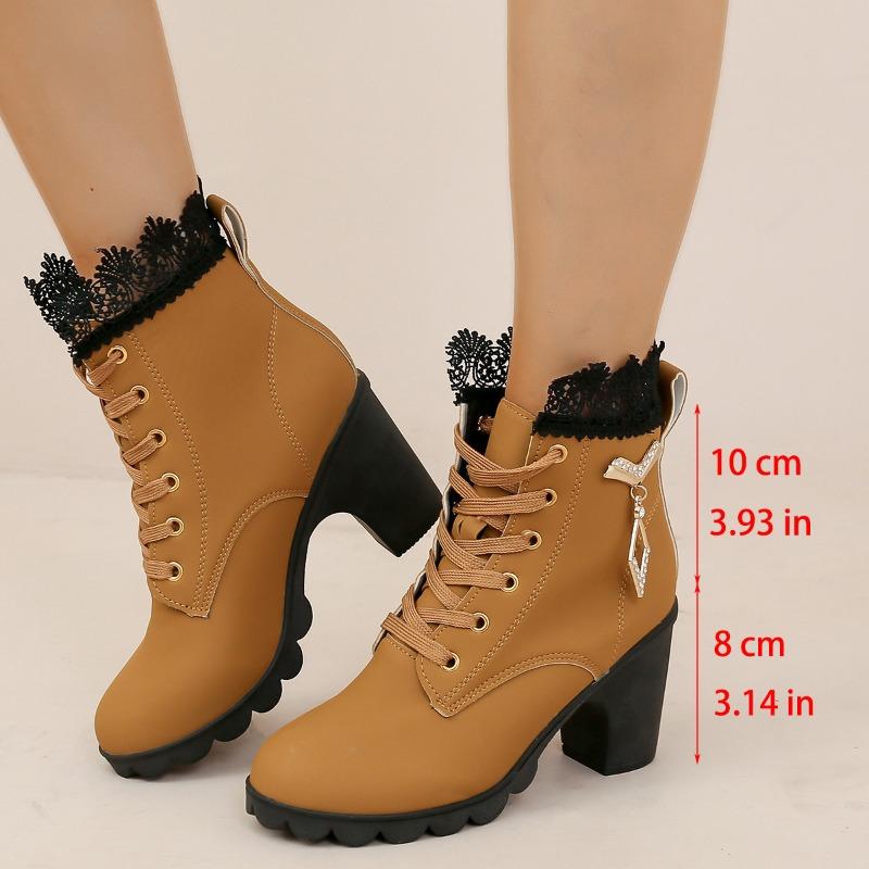 Large Size Women's Single Boots Autumn and Winter Fashion Rhinestone High Heel Fashion Boots Round Head Lace-up Thick Heel Short Boots