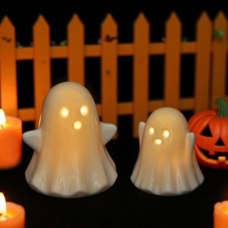 2Pcs Halloween Ceramic Ghostly Figurines With Soft Glows Night Light Handcrafted Holiday Decoration for Bedroom Party Decoration Collectibles