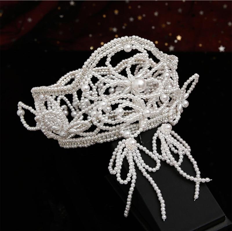 Delicate Hairband Earrings Jewelry Set Sparkling Ear Accessory Adjustable Bridesmaid Wedding Hairband with Pearls Bead