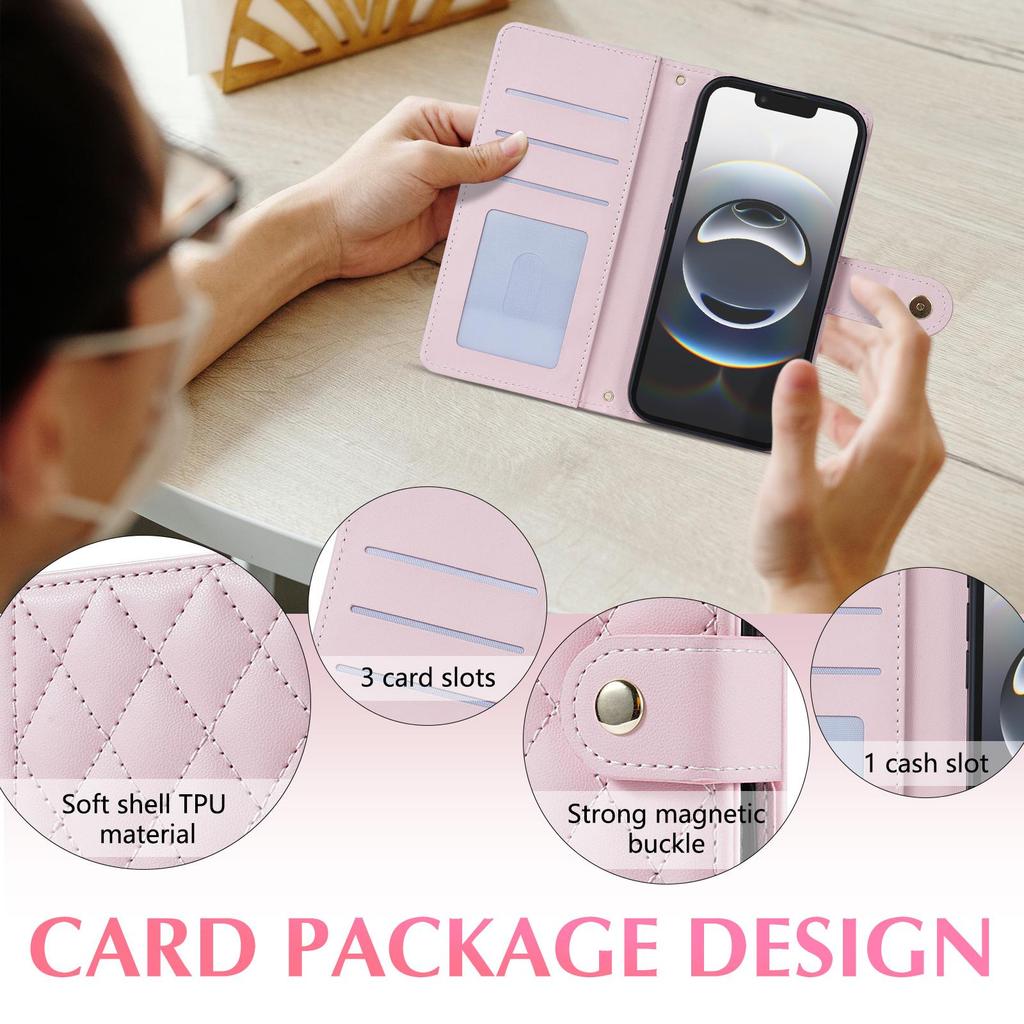 Funda tipo cartera de cuero con diseño de rejilla 3D y correa de lujo, soporte para libro para iPhone 17 16 15 Pro Max Samsung S25 S24 Plus A17 A16, para chicas, ranura magnética para tarjetas, tapa abatible