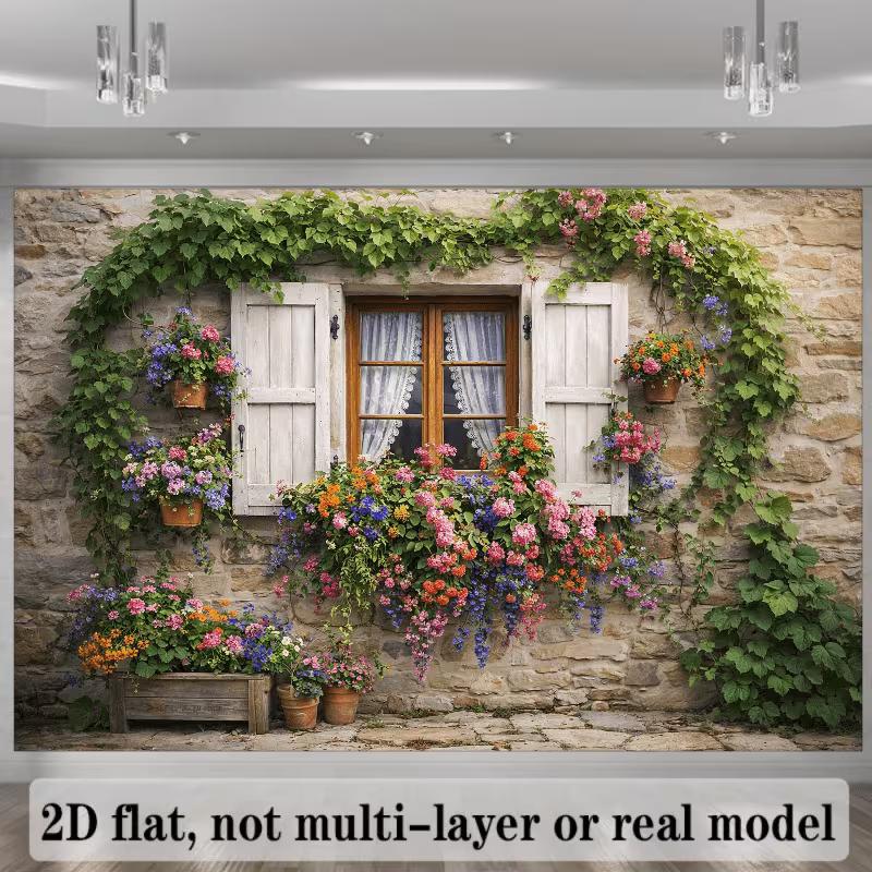 2D Vintage Steinhaus mit Blumenkästen & Efeu-Kulisse Foto Hintergrund