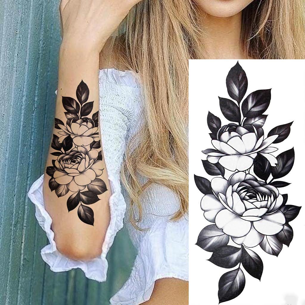 1 Sheet Black Flower Temporary Tattoos For Women Girls Realistic Fake Flora Floral Peony Tattoo Sticker Body Art Painting Decal