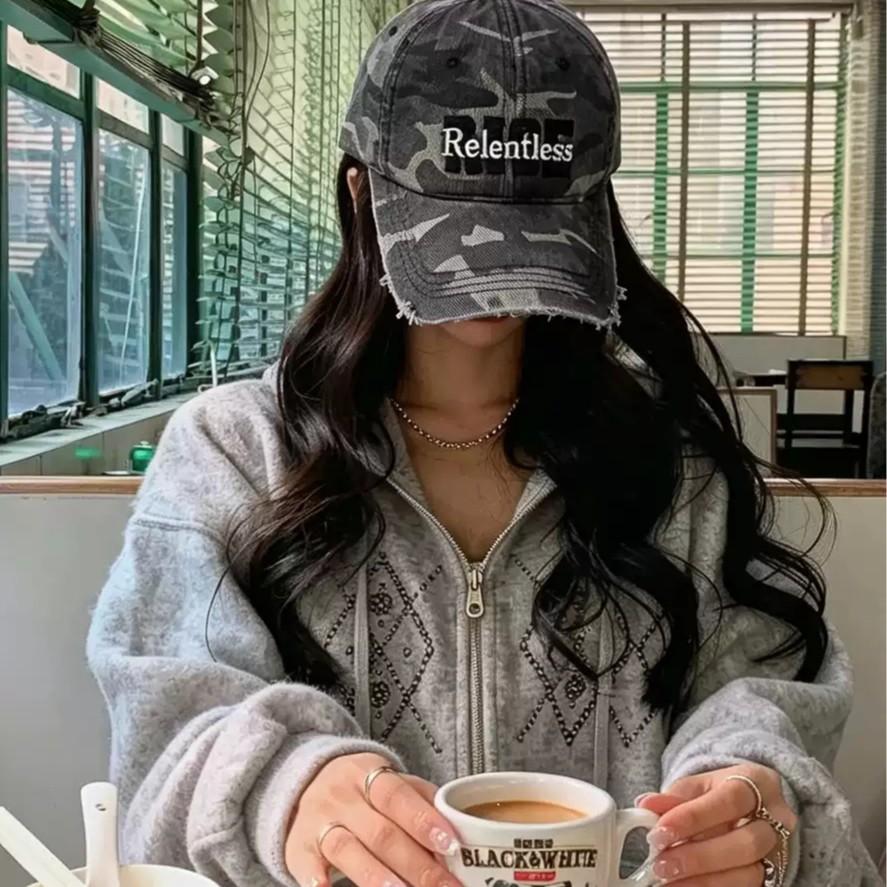 Fashion Hat American camouflage holes do old personalized denim letters RISE baseball cap men and women street tide brand couple cap