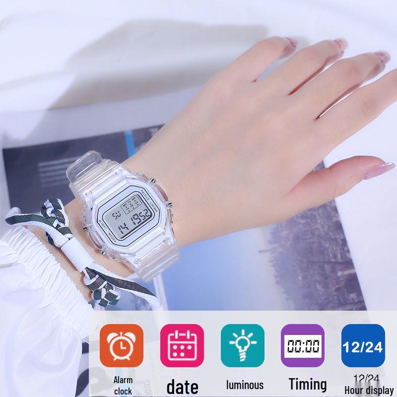 New Korean-Style Transparent Strap Small Square Multi-Function Waterproof Sports Watch for Students
