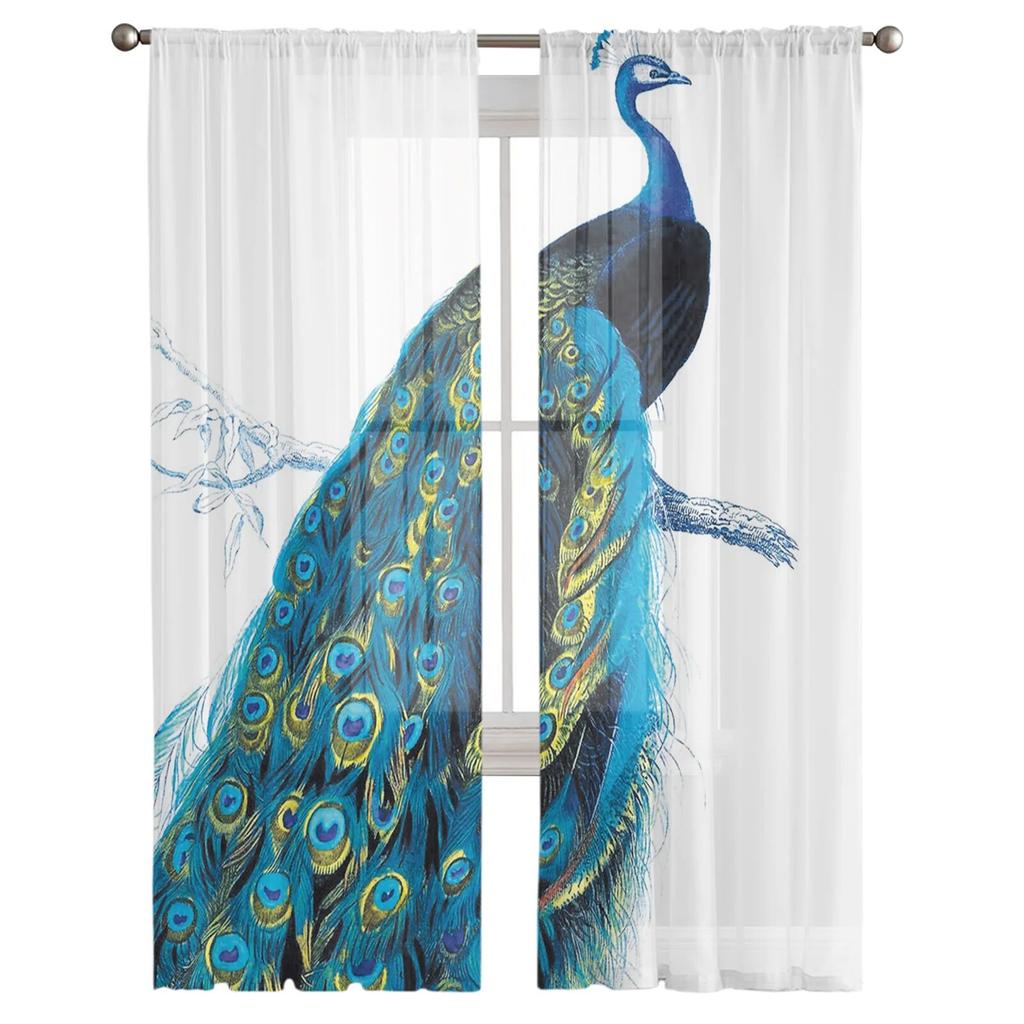 Cortinas Elegantes de Tul Blanco con Plumas de Pavo Real para Decoración de Sala de Estar Dormitorio Gasa Transparente Voile Cortina de Ventana de Cocina