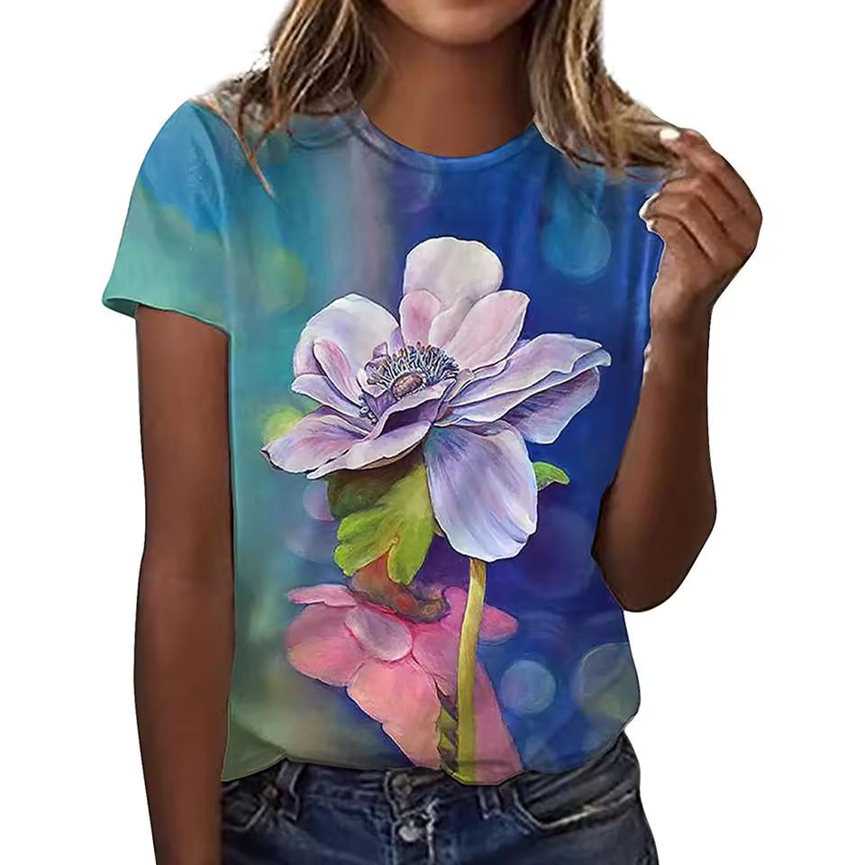 Women's Floral Themed 3d T-Shirts Floral Botanical T-Shirts Oversized Basic Short Sleeve Tops Fashionable Summer Clothes for Women