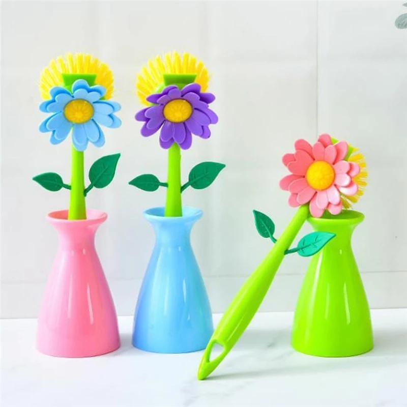 Soap Dispenser Sink Automatic Sponge Kitchen Bathroom Flower Shaped Cleaning Brush Pot Washing Tool with Handle Home Decoration
