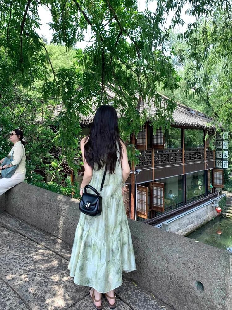 Summer 2025 Green Halter Frog Button Dress - Sleeveless, Loose Tea Length National Style