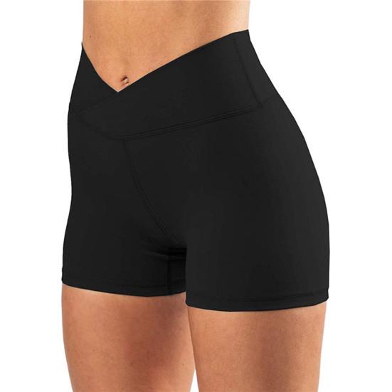 Women High Waist Solid Color Skinny Cross Waist Hip Lift Workout Yoga Sports Shorts