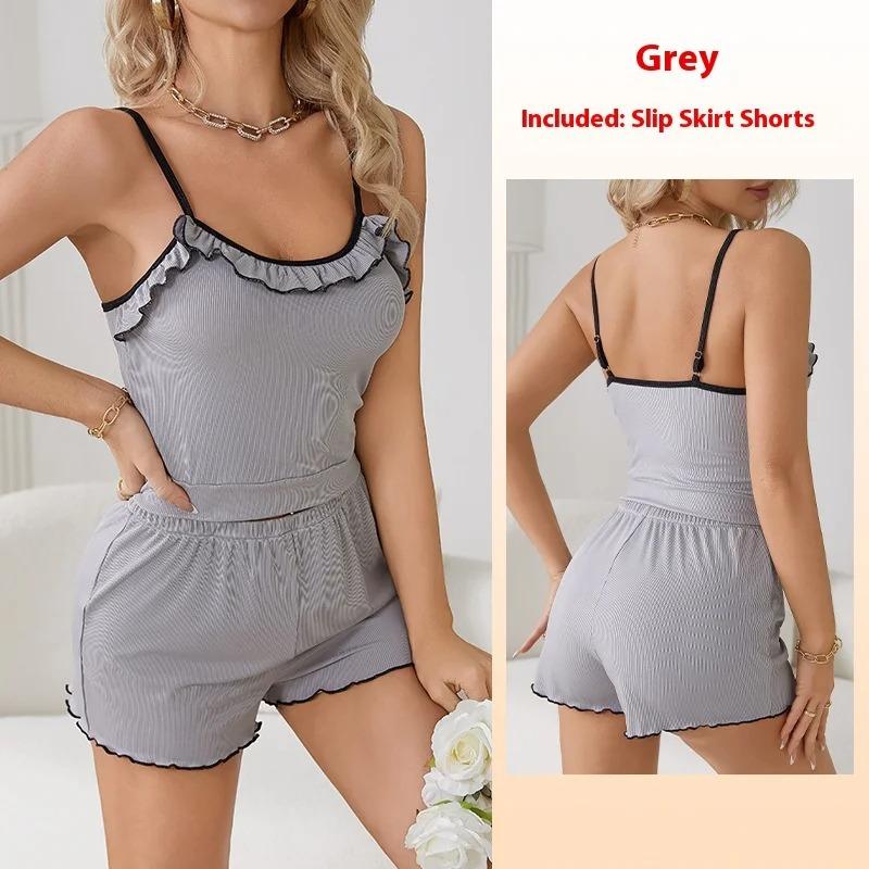 Two-Piece Set School Pajamas Women Loungewearsexy Lace Halter Shorts Casual Comfortable Grey Girl Homewear Solid Sleepwear