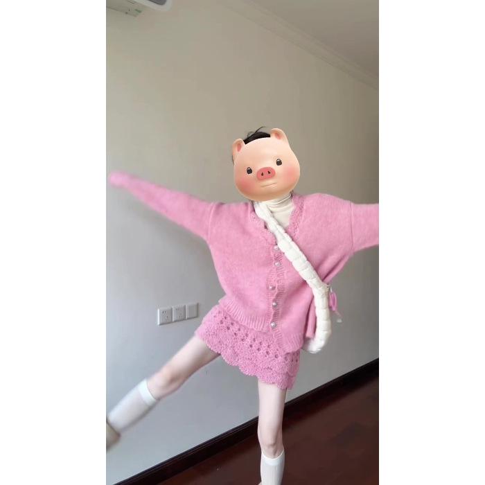 

2026 Sweet Pink Fluffy Knit Cardigan & Skirt Set for Women - Autumn/Winter Two-Piece One Size