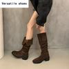 Vintage Leopard Print Women Western Cowgirl Boots Fashion Slip On Long Booties Ladies Elegant Thick Heels Botas Mujer