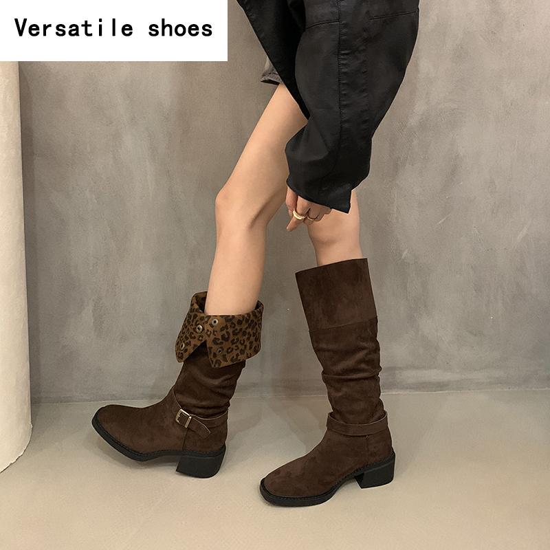 Vintage Leopard Print Women Western Cowgirl Boots Fashion Slip On Long Booties Ladies Elegant Thick Heels Botas Mujer