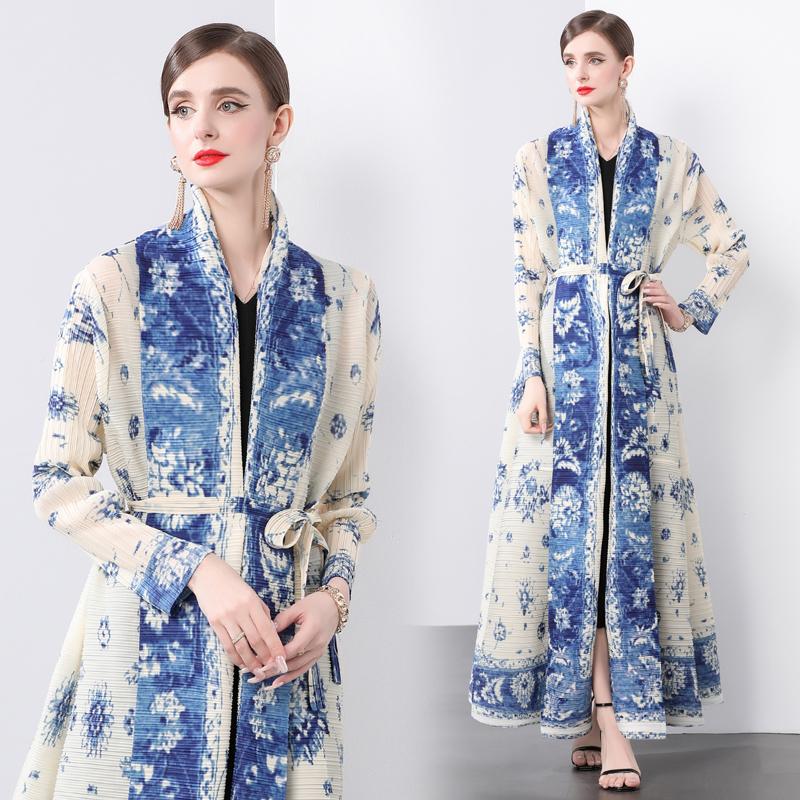 

Весна Осень Женский Принт Свободный Длинный Макси Эластичный Пальто Халат На Шнуровке One Size