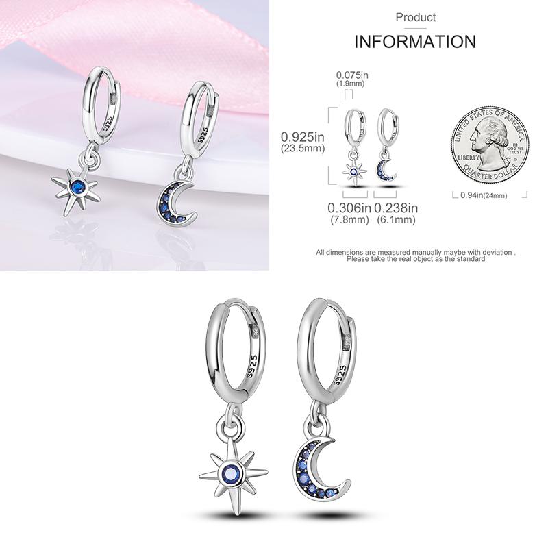 Sparkling Blue Zircon Hoop Earrings Pave U Shape Star Devil Eyes Circle S925 Drop Earring Fit Original Party Jewelry