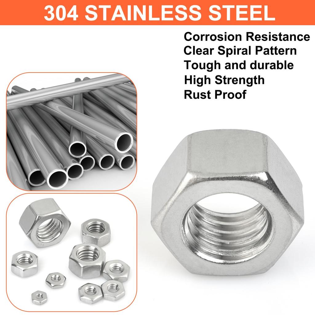 Hex Nuts Assortment Kit - 150Pcs Hardware Nuts Sets4#40 6#32 8#32 10#24 10#32 12#24 14-20 516-18 38-16 12-13 Nuts304 Stainless Steel