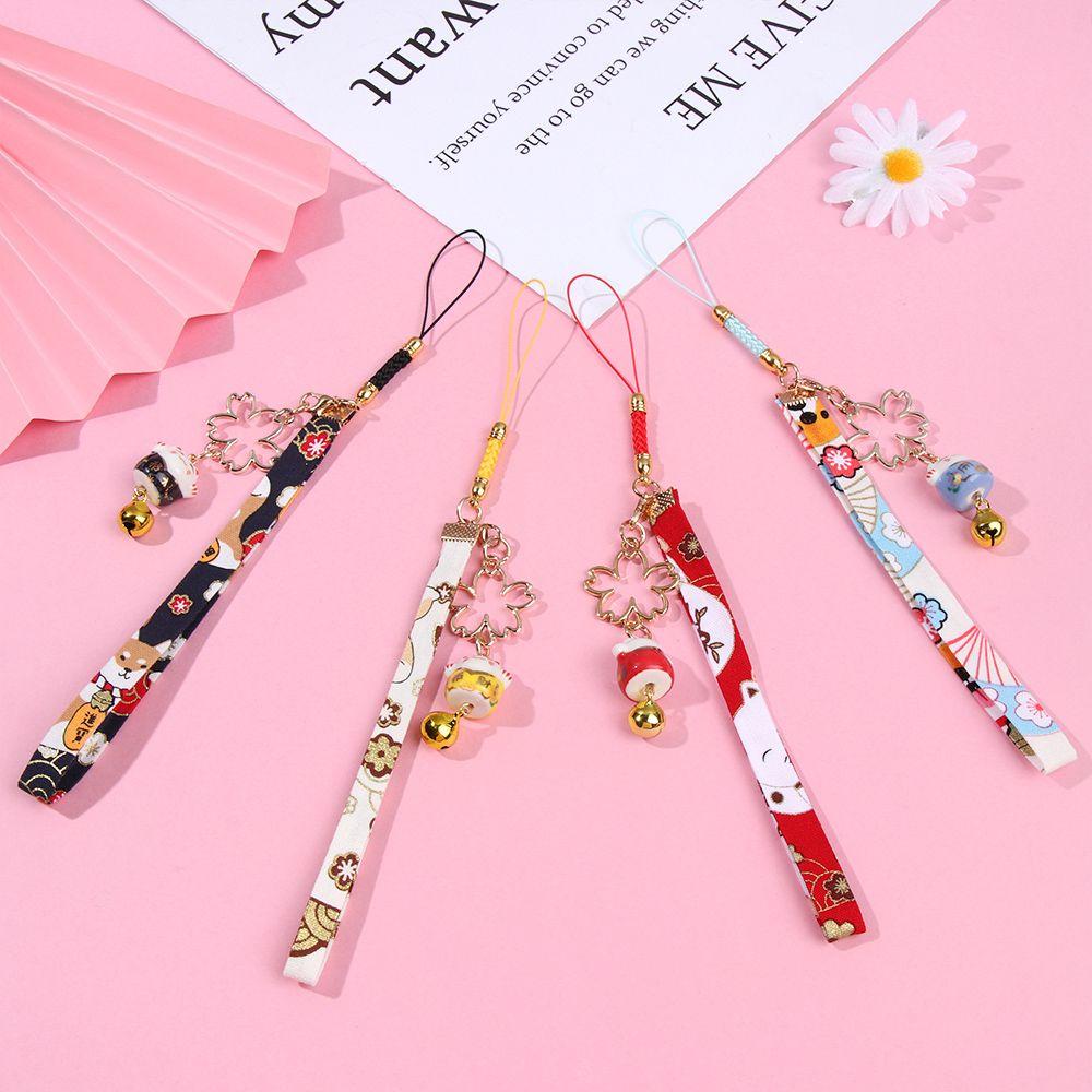Cat Phone Strap Lanyard Anti-lost Lanyard Keychain Wrist Rope Lucky Cat Bell Sakura Phone Lanyard
