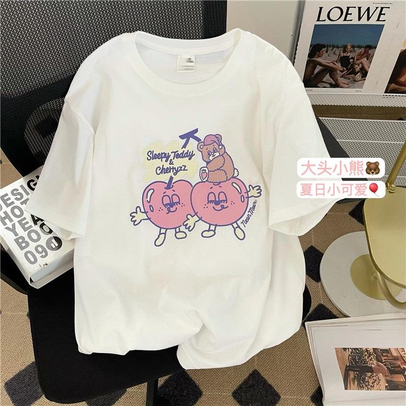 Physical% cotton cute cherry bear print short-sleeved t-shirt women s loose half-sleeved top S белый