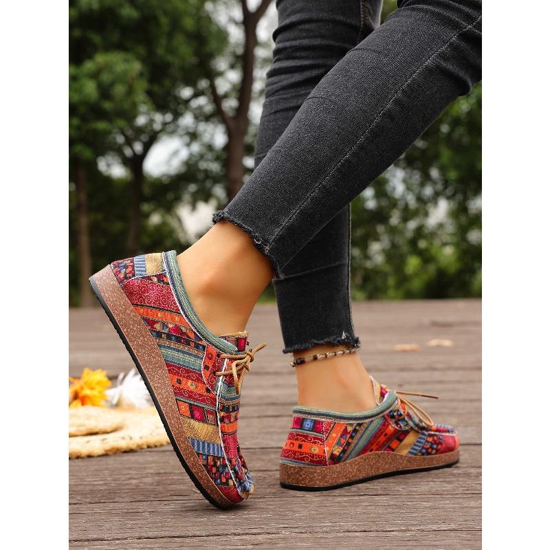 Printed Ethnic Style Lace-up Casual Shoes 2025 Autumn New Plus-size Flat Low-top Shoes for Women