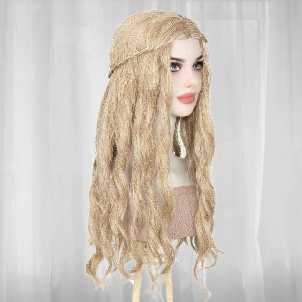 Synthetic Long Blonde Brown Mixed Wavy White Queen Anime Cosplay Wig for Halloween Christmas School Thanksgiving Day