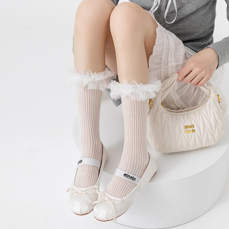 Lolita Girls Lace Ruffles Middle Socks Solid Color Japanese Summer Mesh Breathable Women Stockings  Elastic Thin JK Calf Socks