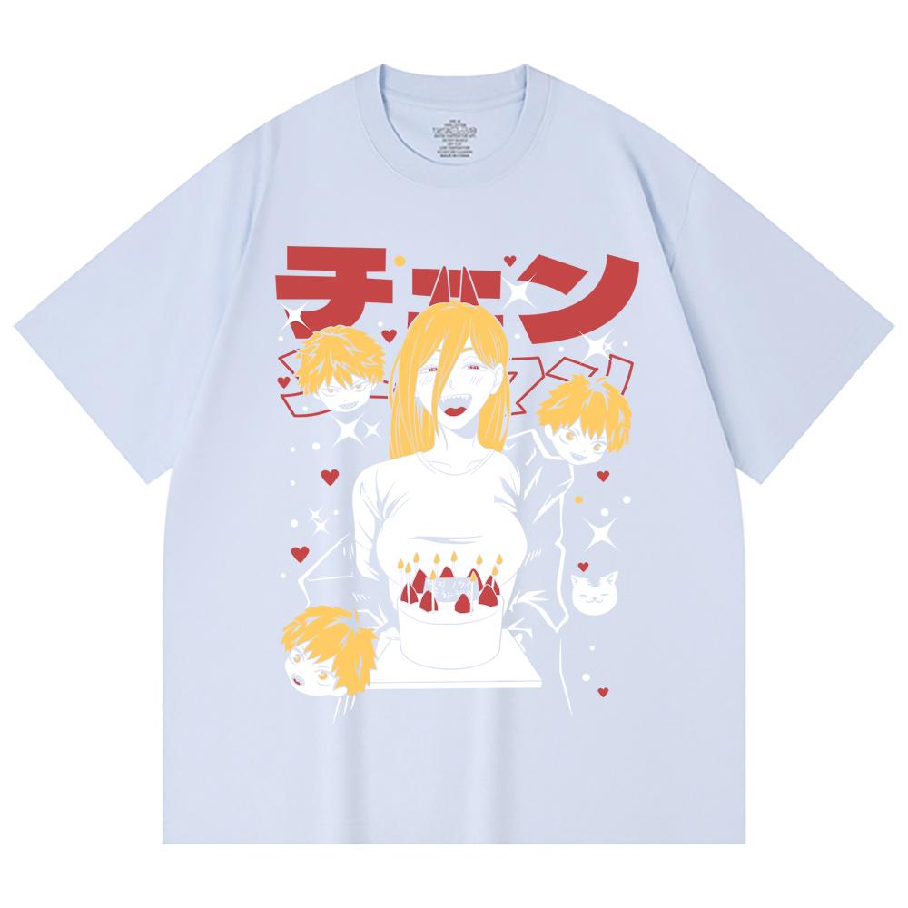 230 Gsm 100% Cotton Chainsaw Man V48 Power Cake Print Unisex Heavy Cotton T Shirt