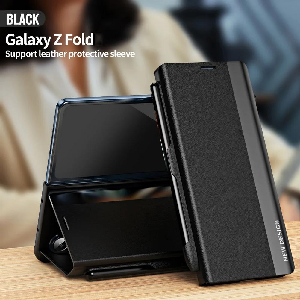 With S Pen for Samsung Galaxy Z Fold 7 6 5 4 3 Protection Cover Luxury Leather Bracket Magnet Adsorbs Full Cover The Holster Phone Case