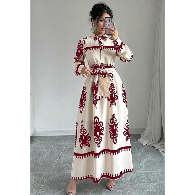 Mote Vintage Langermet Løse Hverdagskjoler Dame Knapper Revers A-linje Trykket Skjortekjole Dame Høy midje Snøring Lang Kjole Vår Ny 25892