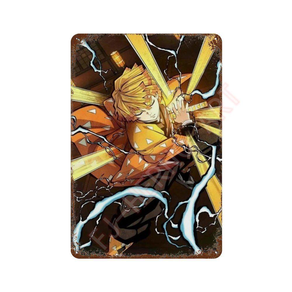 Classic Pop Anime Demon Slayer Kyojuro Rengoku Art Poster Metal Tin Sign Plaque Wall Plates for Living Room Modern Home Decor