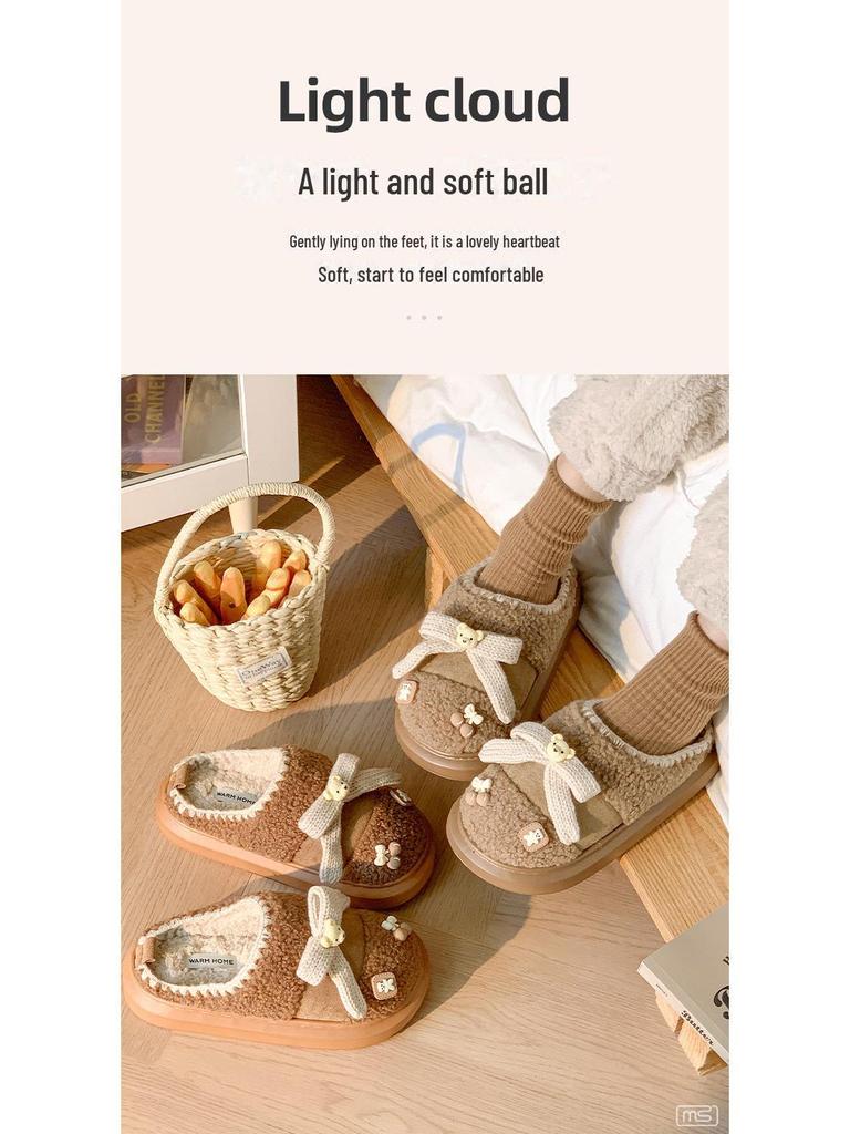 Damen-Hausschuhe aus Baumwolle mit Plüschbärenmotiv – dick, warm, Winterschuhe für drinnen und draußen