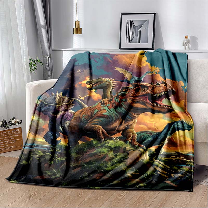 Fire T-Rex Dinosaur Print Flannel Blanket, Kids Prehistoric Throw Blanket